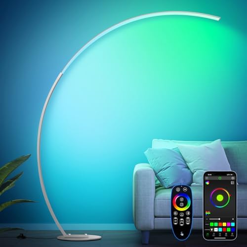 RGB Floor Lamp with 3 Color Temperatures, Ultra Bright 1800LM Smart Arc LED Floor Lamp with Remote Control, Music Sync, Scene Modes, Modern Standing Tall Lamp for Bedroom Living Room-Brushed Nickel by Nintiue