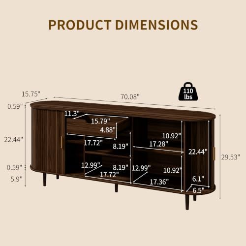 71" Sideboard Buffet Cabinet with Storage,Large Credenza with Sliding Doors and 1 Drawer,Mid Century Modern Coffee Bar Cabinet with Adjustable Shelves for Dining Room, Kitchen, Living Room (Walnut) - Image 2