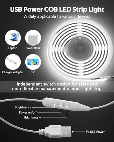 2M COB LED Rope Light Outdoor USB Powered 6.6FT 5V LED Light Strip with Dimmer Daylight White 6000K Dimmable 640LEDs/2M Waterproof IP67 Flexible LED Strip Light for Indoor Room TV Backlight - Image 5