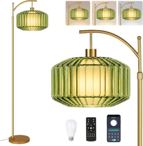 QIYIZM Green Floor Lamp for Living Room,Bedroom,Glass Standing Lamp with Remote Dimmable,Arc Mid Century Modern Vintage Tall Lamp Gold Brass Floor Lamps Flower Retro Floor Light Lamp Bohemian Boho by QIYIZM