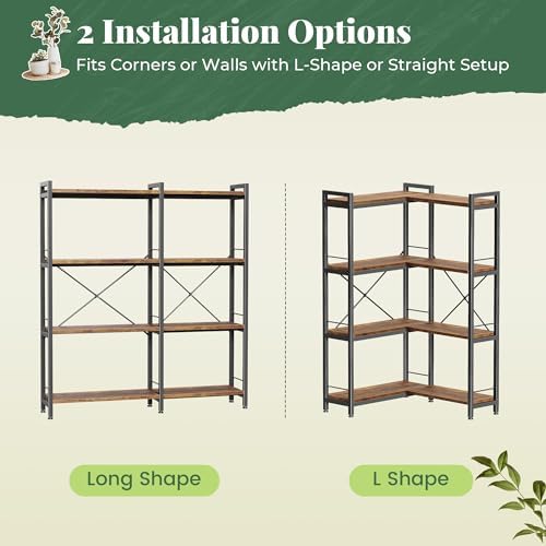 Huuger 4 Tier Bookshelf, L Shaped Corner Bookshelf with 8 Open Shelves, 49.4 Inch Straight Wide Bookcase with Metal Frame and Wooden Board, Adjustable Feet, Rustic Brown - Image 6