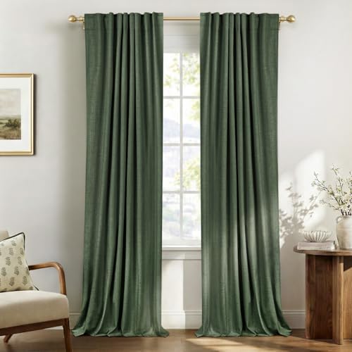 Linen Textured Total Blackout Curtains for Bedroom 96 Inches Long, Loden by 100BlackoutShield