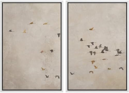 SIGNWIN Framed Canvas Print Wall Art Set Flying Birds Silhouette Minimalist Beige Illustrations Modern Minimal Decorative for Living Room, Bedroom, Office - 24"" x36 x2 White by SIGNWIN