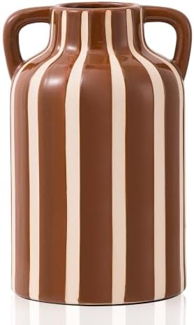 Ceramic Flower Vase with Handles, Modern Brown Striped Decorative Vase for Home Decor, 9.1" Art Floral Tall Flower Vases for Living Room & Kitchen, Mantel & Bookshelf, Centerpieces, Entryway - Image 7