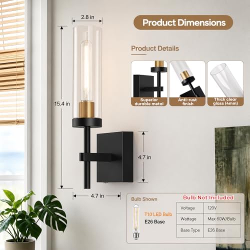 Hardwired Wall Sconces, Black and Gold Bathroom Sconces Wall Lighting with Clear Glass, Modern Sconces Wall Decor Set of 2 Bathroom Light fixtures for Mirror Hallway - Image 7