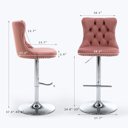 SoarFlash Velvet Bar Stool Set of 4, Adjustable Swivel Bar Stools with Silver Plated Metal Leg, Button Tufted, Footrest, Chrome Nailhead, Counter Height Chair for Kitchen,Dining Room (Pink) - Image 2
