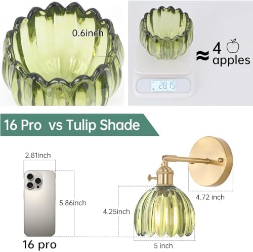Shenmoyl Vintage Wall Sconces Set of 2 with Green Tulip Glass Lampshade 180 Degree Adjustable Brass Sconces Hradwired Modern Wall Lighting Fixture with Switch for Bedside Bedroom Doorway - Image 3
