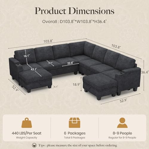 Belffin Modular Sectional Sofa Couch with Storage U Shape Convertible Corner Couches for Living Room Dark Grey Couch - Image 2