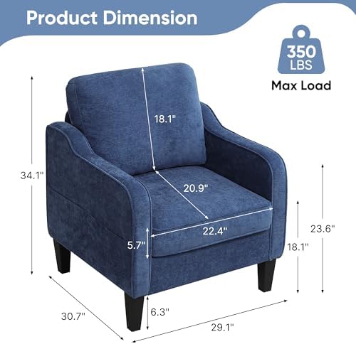 Accent Chair for Living Room, Mid Century Modern Reading Chair for Bedroom, Upholstered Armchair with Side Pockets, Comfy Single Sofa Side Chair for Office, Apartment, Small Room, Blue - Image 2