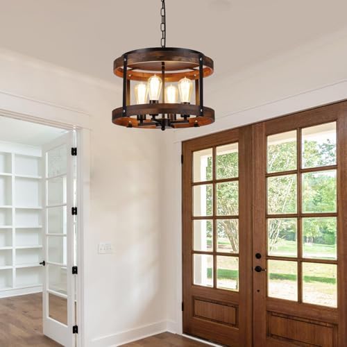 4-Light Large Rustic Farmhouse Plug in Pendant Light Fixture with Adjustable Chain, Dimmable Switch, 16.5 inch Oak Wood Drum Hanging Lamp for Dining Room Living Room Farmhouse Entry, Black - Image 7
