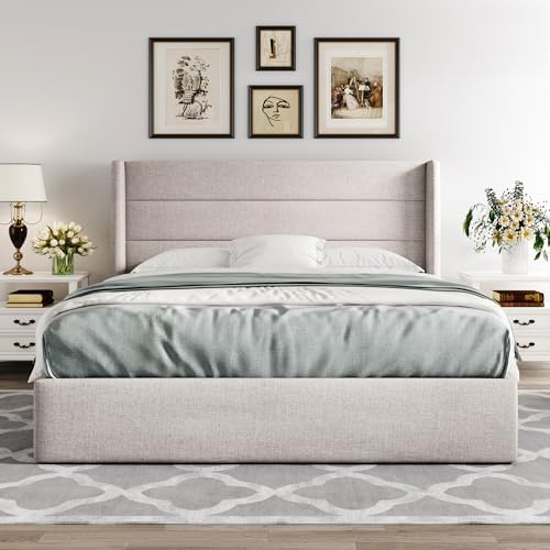 Allewie Full Size Lift Up Hydraulic Storage Bed Frame Light Beige - Image 6