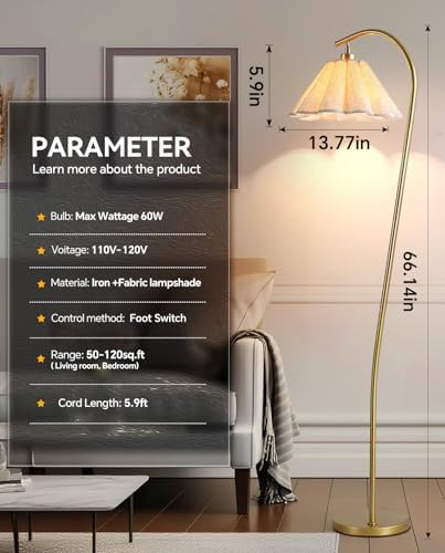 Floor Lamp with Pleated Linen Lampshade, Remote Control Modern Flower Floor Lamp for Living Room Arc Standing Lamp, Gold Tall Lamp for Bedroom Office Dining Room, Bulb Included - Image 5