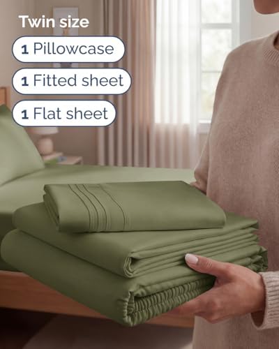 Twin Size 3 Piece Sheet Set - Breathable & Cooling Sheets - Sage Green - Image 3