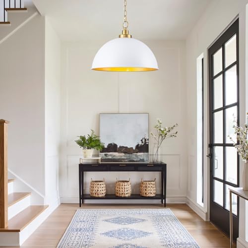 Lingkai Farmhouse Pendant Light Fixtures, 15.7" White and Gold Dome Pendant Lighting Kitchen Island, Adjustable Height Vintage Hanging Ceiling Lights for Kitchen Island Dining Room Foyer Restaurant - Image 6