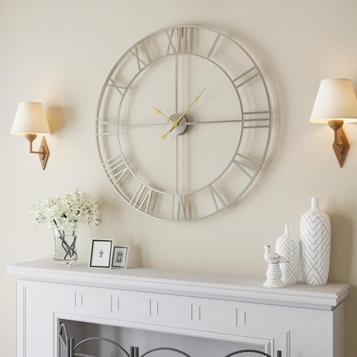 Cuspin 36 Inch Wall Clock Large Silver Decorative Modern Metal Clocks - Image 2