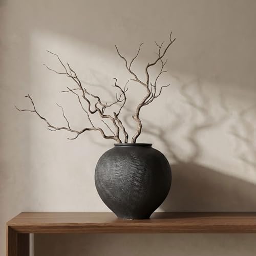 Large Blak Ceramic Vase - 9 Inch Large Black Round Vase, Rustic Farmhouse Vase for Home Decor, Dining Table, Shelf, Bedroom, Living Room, Kitchen, Office, Bathroom, Mantle, Centerpiece Décor by QIANLING