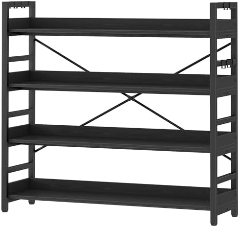 HCHQHS Bookshelf, Adjustable Industrial Bookcase, Vertical Tall Book Shelf, Wood and Black Metal Open Bookshelves for Home Office, Living Room, Bedroom (Black, 4-Tier (47" W x 44" H)) by HCHQHS