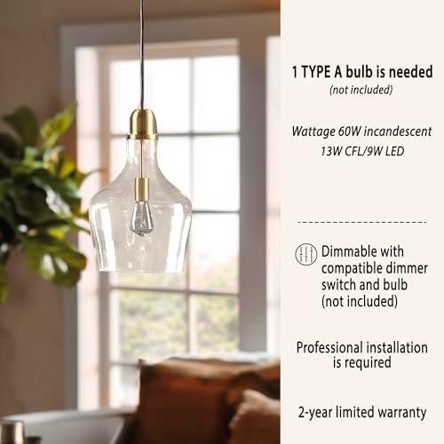 Ink+Ivy Auburn Pendant Kitchen Lighting for Dining Room, Industrial Lights, Hand-Blown Glass Bell Shaped Pendant Light for Kitchen Island, Foyer, Bedroom, 13" Dia x 95.5" H, Gold/Clear - Image 6