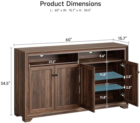 ONBRILL 60 Inches Sideboard Buffet Cabinet with Storage and 4 Doors, Brown - Image 2