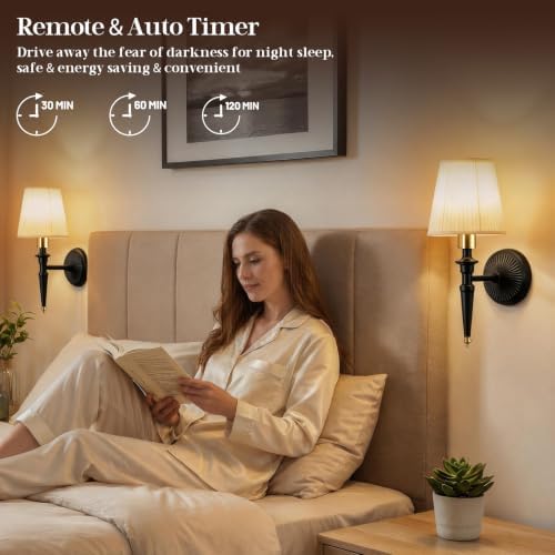 Battery Operated Wall Sconces Set of 2, Wireless Rechargeable Wall Lights with 12 RGB Colors and 3CCT Dimmable, Small Fabric LED Wall Lamps for Bedroom, Living Room, Hallway, Black Gold - Image 3