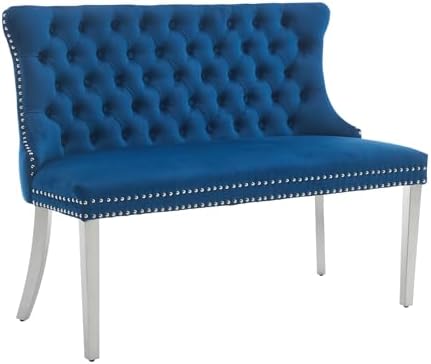 Blue Velvet Dining Bench with Back, Tufted Banquette Seating, Silver Legs by Shenyon