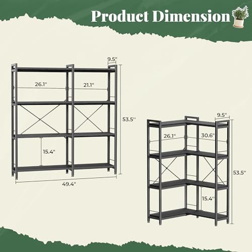 Huuger 4 Tier Bookshelf, L Shaped Corner Bookshelf with 8 Open Shelves, 49.4 Inch Straight Wide Bookcase with Metal Frame and Wooden Board, Adjustable Feet, Black - Image 2