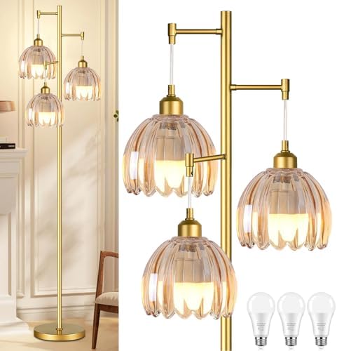 QIYIZM Gold Floor Lamp for Living Room,Bedroom,Tree 3 Light Standing Lamp Mid Century Modern Brass Tall Floor Lamps Vintage Retro Floor Lights Glass Flower Amber Lamp Shade Farmhouse Boho Bohemian by QIYIZM