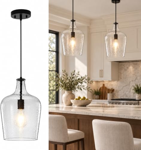 2 Pack 9.3" Glass Pendant Lighting for Kitchen Island,Black Large Pendant Light Fixture with blown Thickened Glass,1 Light Farmhouse Hanging Light for Hallway,Bedroom, Living Room Tall 14 inch by SUNVKWEYlCC