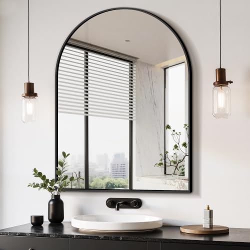 Delma Arched Bathroom Mirror, Black, 40"x30" by Delma