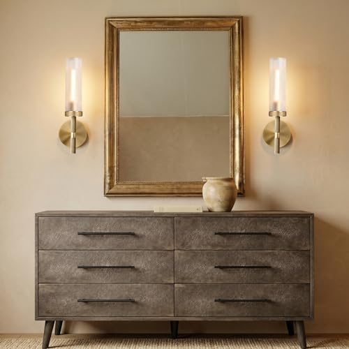 15" 2 Pc Knurled Brass Bathroom Wall Sconces,Frosted Glass Tube Brass Sconces Wall Lighting,Handmade Modern Hardwired Wall Sconce for Vanity,Mirror,Bedroom,Living Room,Hallway - Image 6