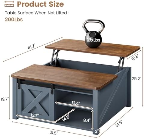 SEDETA 31.5" Lift Top Coffee Table with Storage, Square Coffee Tables for Living Room, Farmhouse Coffee Table with Large Hidden Storage Compartment and Adjustable Shelves, Blue - Image 2