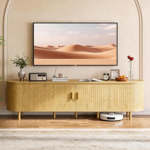 80" Mid Century Modern TV Stand with Power Outlet, Fluted Entertainment Center with Storage and Adjustable Shelves, Wood TV Console with Sliding Doors for Living Room, Oak - Image 3