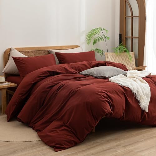BESTOUCH Cotton Solid Duvet Cover Set Fired Brick Red Oversized Full - Image 4