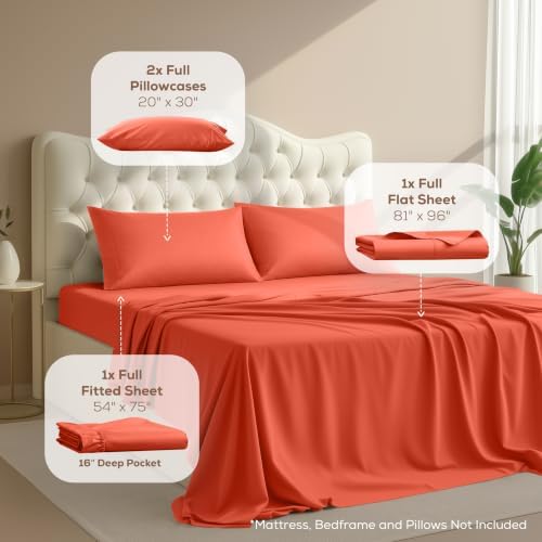 Full Sheets Set, 4 Pieces 16" Deep Pocket Hotel Luxury Bed Sheets, Coral - Image 2