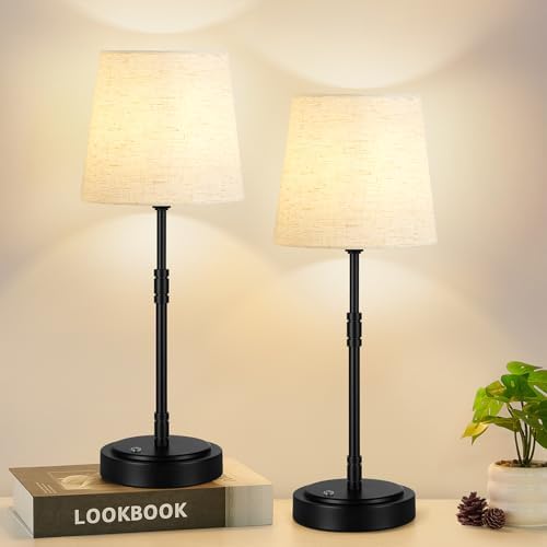 Cordless Table Lamps Set of 2 – Battery Operated Lamp with 7500mAh Rechargeable Battery, Stepless Dimmable Black Lamps with Beige Shade, Wireless Lamps for Dining Room & Nightstand (Bulbs Included) by BringBrightnesstoYourLife