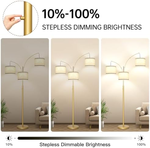 Dimmable Floor Lamp, 3 Lights Gold Arc Floor Lamp, Modern Tall Standing Tree Lamp with White Linen Shades & Heavy Base, 3000LM LED Bulbs, Bright Lighting for Living Room, Bedroom, Office & Reading - Image 3
