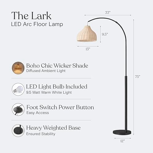 Brightech Lark Standing LED Floor Lamp for Bedroom, Living Room, Office - Modern Tall Corner Arc Lamp with Boho Hanging Rattan Shade - Bright Bedside Reading Light - Black - Image 4
