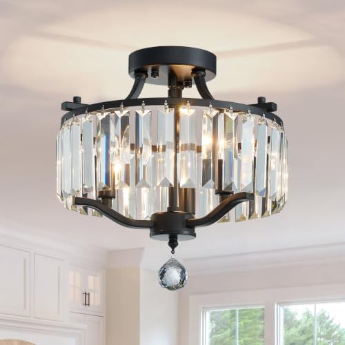 Crystal Black Chandeliers Modern Farmhouse Small Chandelier 12.2 Inch 3-Light Round Crystal Mini Semi Flush Mount Ceiling Light Fixture for Dining Room Entryway Hallway Kitchen Bedroom Foyer by peksoe