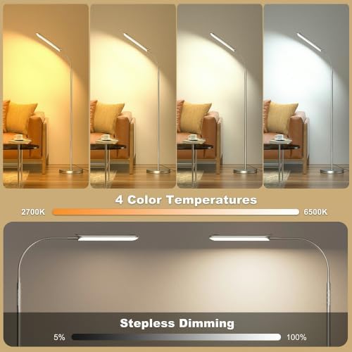 Yikuneng Dimmable LED Floor Lamp, Super Bright Reading Lamps Floor Standing lamp with Remote & Touch Control, Stepless Dimming & 2700K-6500K Color Temperature, for Living Room Bedroom Office, Silver - Image 3