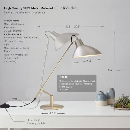 Desk Lamp Modern Industrial 100% Metal Adjustable Table Lamp 24", Natural Light (4000K) with Dimmer, Ideal for Office Bedroom Study Room Living Room Nightstand Bedside Lamps Nickel - Image 2