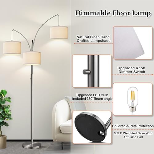 Dimmable Floor Lamp, 3 Lights Sliver Arc Floor Lamp, Modern Tall Standing Tree Lamp with White Linen Shades & Heavy Base, 3000LM LED Bulbs, Bright Lighting for Living Room, Bedroom, Office & Reading - Image 5