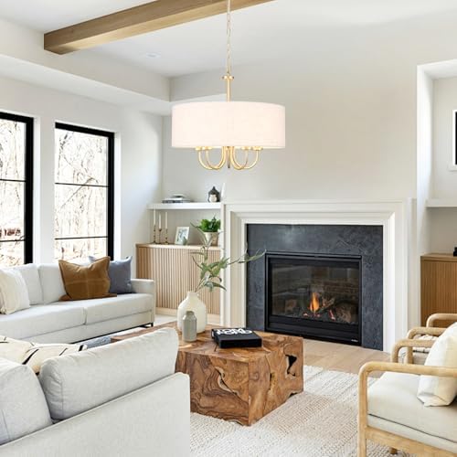 5 Lights Drum Chandelier Gold Farmhouse Chandelier with Shades 19" Large Pendant Light Fixtures Hanging Brass Round Chandeliers for Bedroom Dining Room Over Table Living Room Foyer Kitchen Island - Image 2