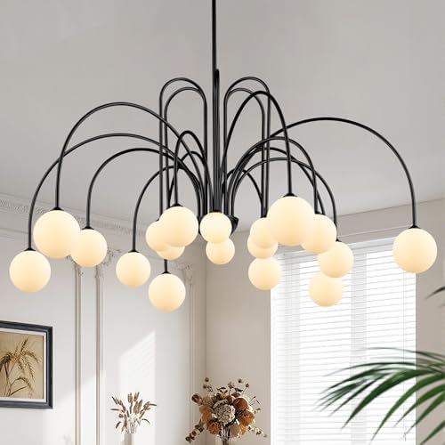 CATINER Modern 59" 18-Light Black Sputnik Chandelier with Milk Glass Globe by CATINER