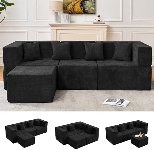 MONVANE 103'' Modular Sectional Sofa, Comfy Chenille Cloud Couch with Ottoman, Modern Convertible L Shaped Couch with Deep Seat, Sectional Couches for Living Room, Bedroom and Apartment, Black by MONVANE