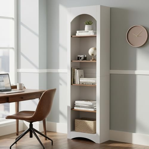 holzart 71.6" Tall Farmhouse Bookshelf, 5-Tier Narrow Bookcase & Storage Cabinet, Freestanding Kitchen Pantry Organizer with Adjustable Shelves for Living Room, Home Office, White - Image 3