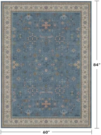 Washable 5x7 Blue Rugs for Kids Room, Boho 5 x 7 Nursery Rug Boys, Colorful Eclectic Low-Pile Carpet for Bedroom, Dining Table, Non-Slip with Rubber Back - Image 2