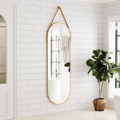 Full Length Mirror, Oval Wall Mounted Mirror, 48"x16" Door Mirrors with Hanging Leather Strap, Wall Mirrors Full Length with Aluminum Frame for Bathroom Living Room Entryway (Gold) - Image 3