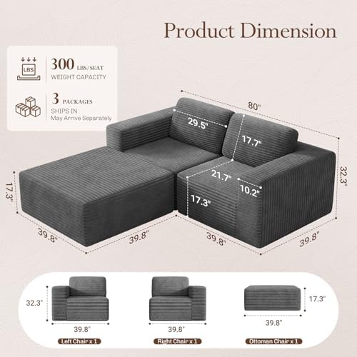Vesgantti 80" Modular Sectional Sofa, Corduroy Cloud Couch with Deep Seats & Spring Support, Compact 2 Seater Boneless Couch, L-Shaped Modular Sofa for Small Spaces, Apartments, No Assembly, Grey - Image 2