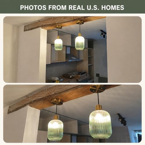 2 Pack Pendant Lights with Vintage Green Ribbed Glass Lampshade, Adjustable Brushed Gold Pendant Lights Fixtures for Kitchen Island Lighting Sink, Dining & Living Room Hallway (Bulbs Not Included) - Image 5