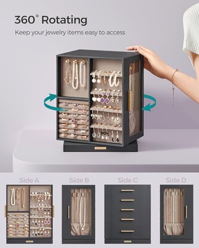 SONGMICS Jewelry Box Organizer, 360° Rotating, 5 Drawers, Slate Gray - Image 3